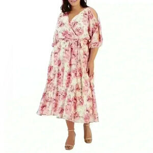 Anne Klein Floral Print Cold Shoulder Belted Dress Size 0X